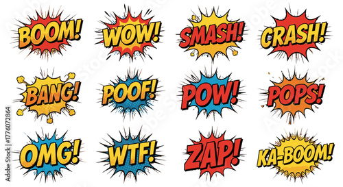 Set of comic speech bubbles with exclamations like boom, pow, zap, crash, and omg in a cartoon.