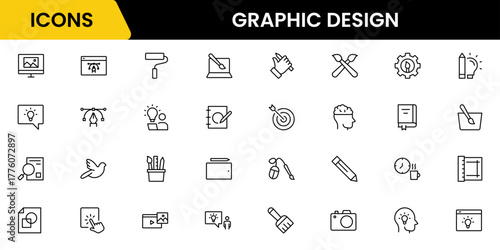 Graphic design web icons set in duotone outline stroke design. Pack pictograms with color palette, content, freelance, print, painting, brainstorm, portfolio, creative idea, tool. Vector illustration.