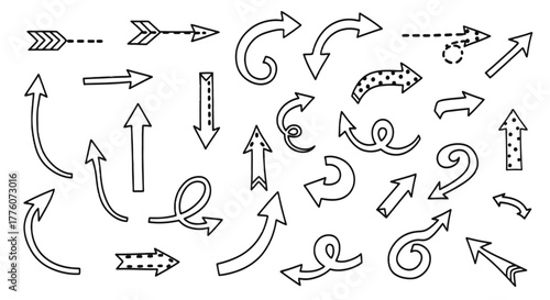 Set of hand drawn arrows in various styles, shapes, and directions for visual communication.