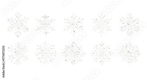 Ten white snowflakes are arranged in two rows against a bright white surface, creating a festive.