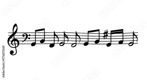 A musical score shows notes on a staff, representing melody and rhythm for instrumental or vocal.