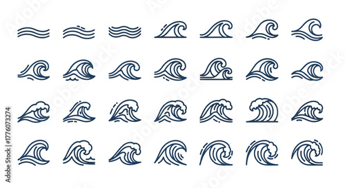 Collection of various sea waves, depicted as line art, showcases different shapes and sizes.