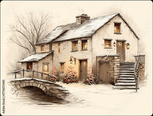 a detailed Christmas etching