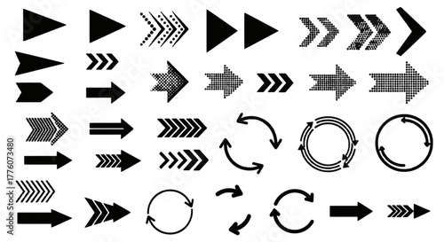 Set of diverse arrow symbols indicating direction, movement, and navigation in various styles.