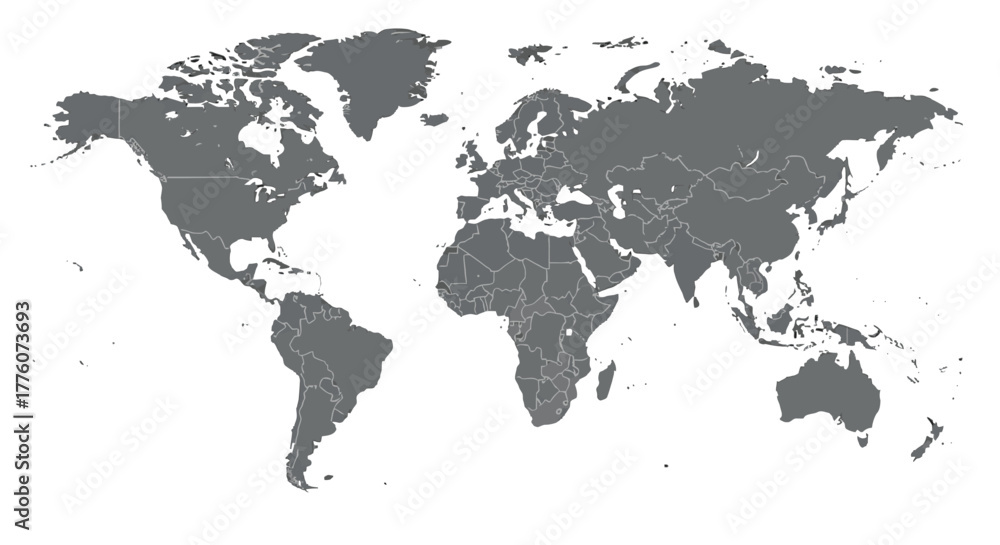Fototapeta premium A grayscale world map shows the continents and countries of the planet Earth on a white surface.