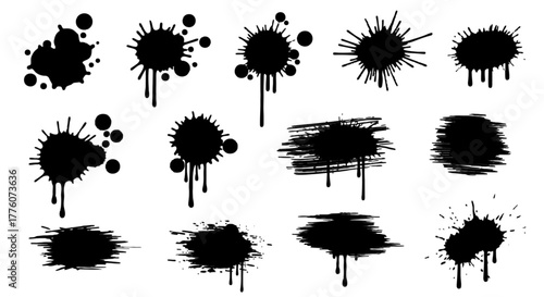 Collection of black ink splatter stains with drips and blots in varying shapes and sizes on a white.