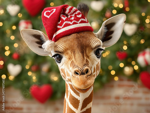 a giraffe wearing a Christm...