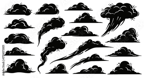 Collection of black smoke clouds isolated on a, suitable for various graphic applications.