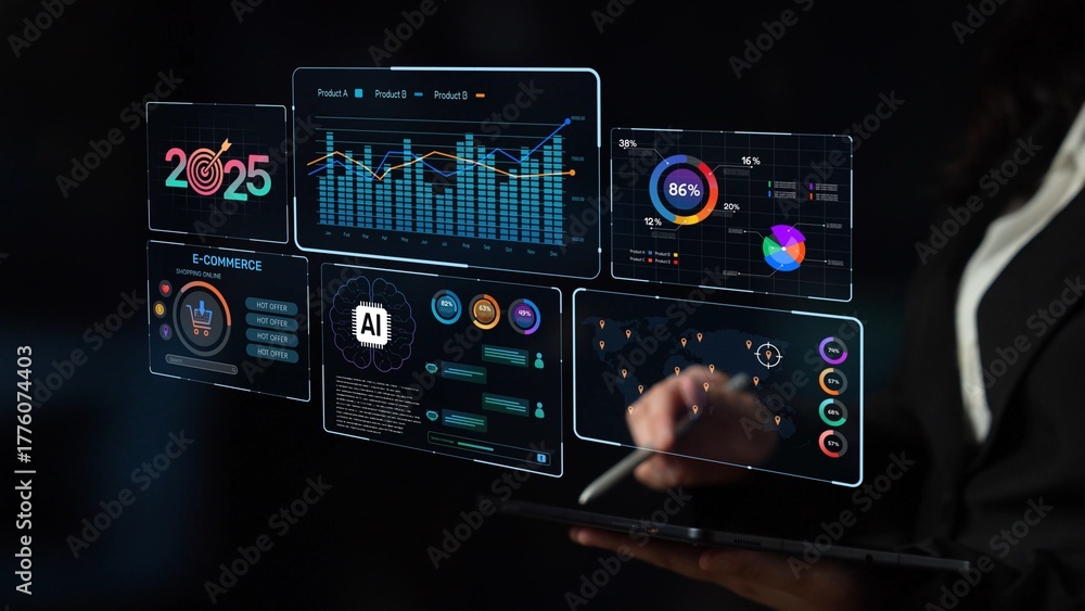 Fototapeta premium Data analytics and big data strategy for real-time analytics, predictive data modeling, business intelligence analytics, and data-driven decision-making in modern digital businesses. Muxer