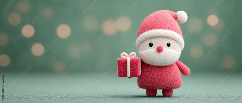 Fototapeta premium Cute Santa Claus Character Holding Gift Box Green Background Soft Bokeh Lights Soft Focus