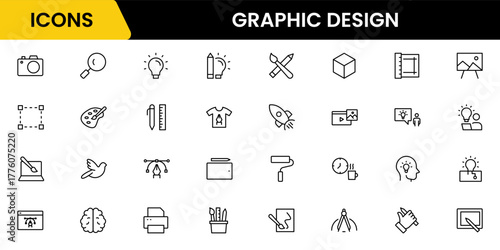 Graphic design web icons set in duotone outline stroke design. Pack pictograms with color palette, content, freelance, print, painting, brainstorm, portfolio, creative idea, tool. Vector illustration.