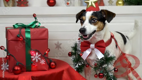 and Festive Canine Portrayed with a Smiling Expression Wearing Seasonal Holiday Illuminations and a Decorative Present