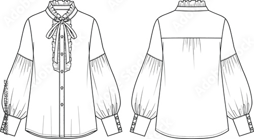 CAD Drawing Flat Vector Illustration of Blouse with Ruffled Neckline, Bow Tie, Center Ruffle, Button Placket, and Gathered Sleeves