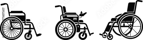 Black silhouette wheelchair set with manual, electric, and sport designs, vector illustration for mobility aid and accessibility concept