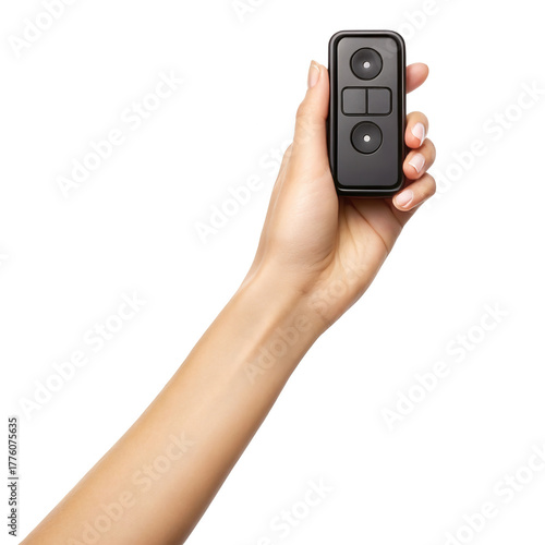 Wallpaper Mural Hand holding a small black remote control with buttons for operating devices, technology and control isolated on white background Torontodigital.ca