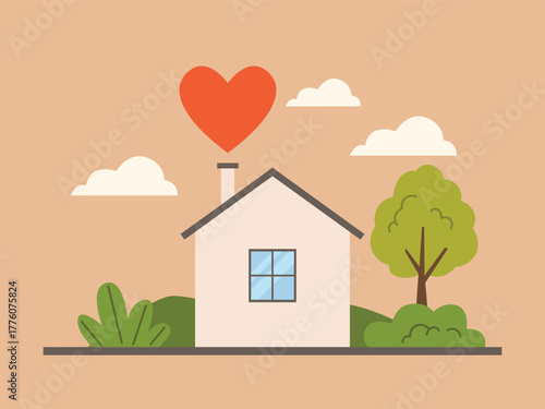 Comfortable house with trees, plant and heart icon, family day concept