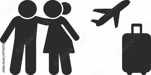 Excited couple embraces before vacation flight with luggage, conveying travel, love, and adventure for tourism ads or honeymoon promotions