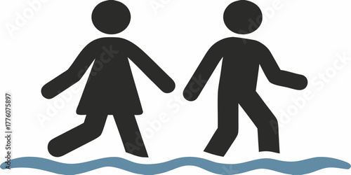Engaging stick figures walking in water, representing carefree summer fun and outdoor activities, perfect for travel, recreation and family togetherness concepts