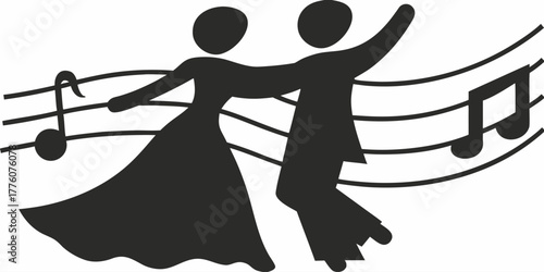 Elegant dancing couple with music notes swirling around them, celebrating romance and joy, perfect for invitations and event promotions