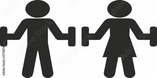Man and woman fitness icons lifting dumbbells, representing healthy lifestyle and exercise goals, promoting wellness, strength, and fitness for all ages