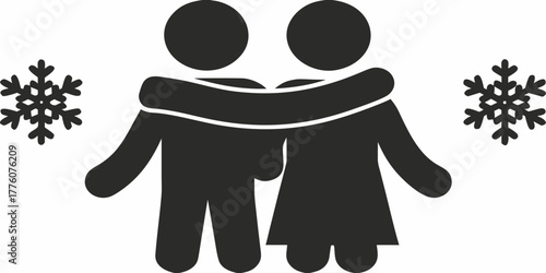 Cozy winter love: Stick figures embracing amidst snowflakes, perfect for holiday greetings, seasonal promotions, and heartwarming family designs with festive cheer