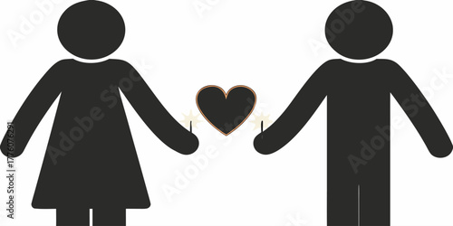 Stick figure couple holding a heart, a symbol of love, romance, and connection, perfect for Valentine's Day designs, wedding invitations, and relationship themes