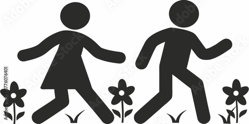 Whimsical people icons walking through a flower garden, representing a carefree lifestyle, nature walks, and outdoor recreation in vector art form