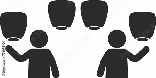 People releasing sky lanterns, symbolizing wishes, dreams, and celebrations, perfect for festive events, cultural traditions, and peaceful moments