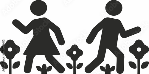 People walking through garden, flat vector icons for family, nature, and outdoor activities, perfect for websites, apps, and educational resources