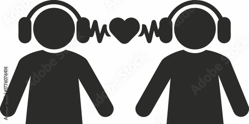 Connect through sound: Two people with headphones sharing a heart beat, a symbol for music lovers and audio connection, originally a scalable vector graphic