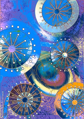 A pattern of circles with different colors and sizes, some with white dots around the perimeter.