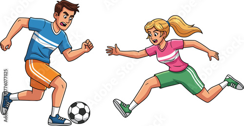 Animated kids playing soccer, boy and girl chasing ball, energetic sports scene, cartoon illustration, teamwork, competition, outdoor activity, dynamic motion