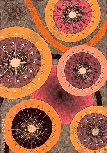 A pattern of circles with different colors and sizes, some with white dots around the perimeter.