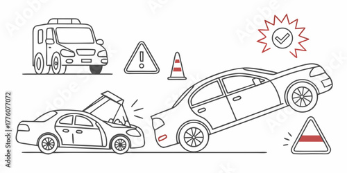 Illustration depicting a car accident with an ambulance and warning signs in a line art style