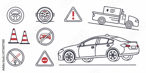 Illustration showcasing various car related icons and road safety signs in a line art style design