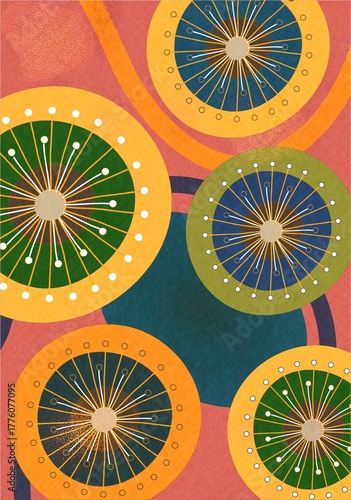 A pattern of circles with different colors and sizes, some with white dots around the perimeter.