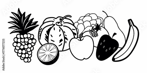 A monochrome illustration of a variety of fruits including pineapple, orange, and banana in a row design