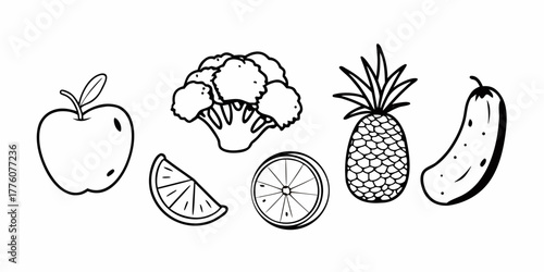 Illustration of an apple broccoli orange pineapple and cucumber in a black and white outline style