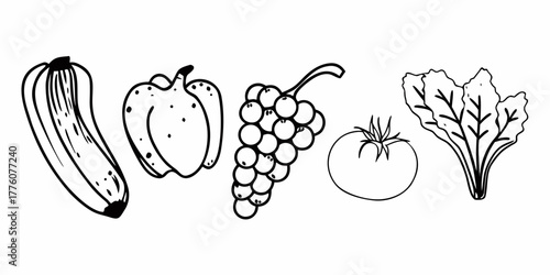 Outline drawing of fresh produce featuring zucchini pepper grapes tomato and leafy greens in a row design