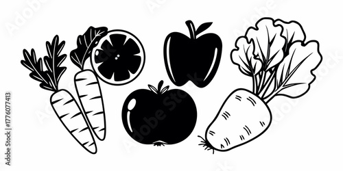 Black and white vector illustration of an arrangement of various fruits and vegetables icons