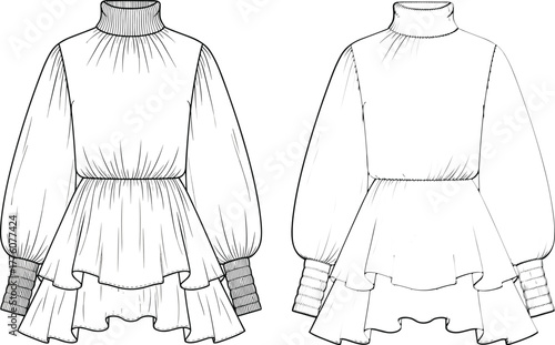 CAD Drawing Flat Vector Illustration of Blouse with High Neckline, Pleated Cuffs, Fitted Waist, and Flared Peplum Hem