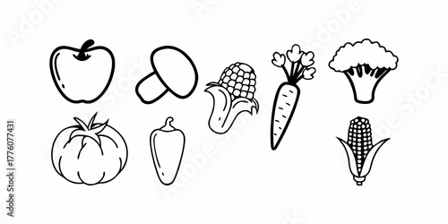 Illustration of various outlined vegetables and fruits including apple corn and broccoli etc