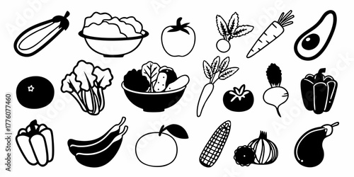 Illustration of various vegetables and fruits in black and white outline style arrangement design