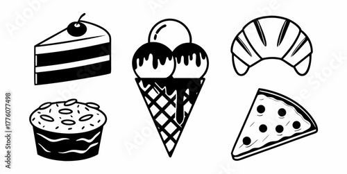 A collection of various dessert items including cake ice cream cone croissant and pizza in black and white