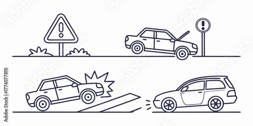 Depiction of various car troubles including warning signs and vehicle collisions in line art style
