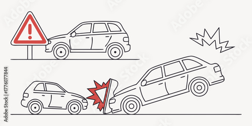 Illustration showing a car crash with warning sign and two vehicles colliding on the road scene
