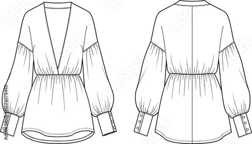 CAD Drawing Flat Vector Illustration of Blouse with Deep V-Neckline, Empire Waist, Voluminous Sleeves, and Wide Buttoned Cuffs