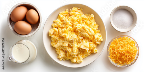 A plate of cooked cheesy scrambled eggs next to small bowls containing raw eggs in a bowl, shredded cheddar cheese, milk, and salt, flat lay, isolated on a white background

