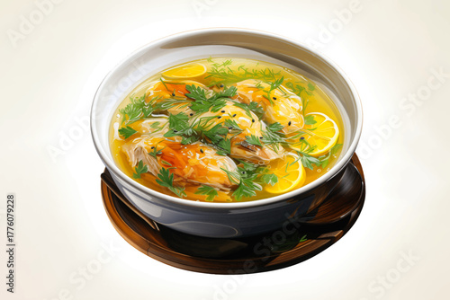 chicken soup with vegetables in bowl for healthy homemade food concept