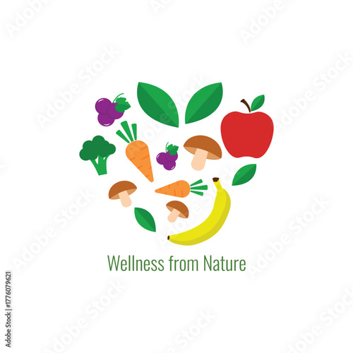 Healthy, organic and natural logo. Wellness from Nature A Heart-Shaped Arrangement of Healthy Fruits and Vegetables, vector illustration
